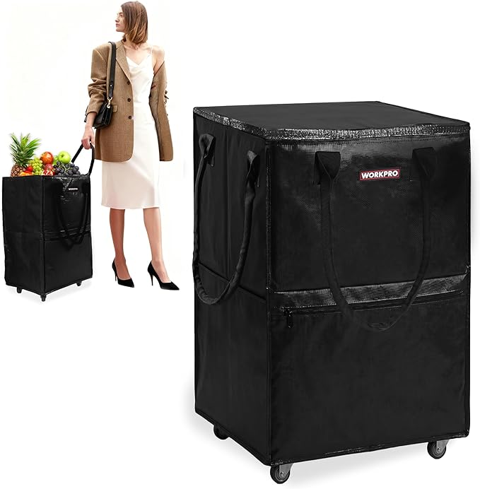 WORKPRO Medium Rolling Grocery Bag, 18-Gallon Shopping Tote with 4 Wheels