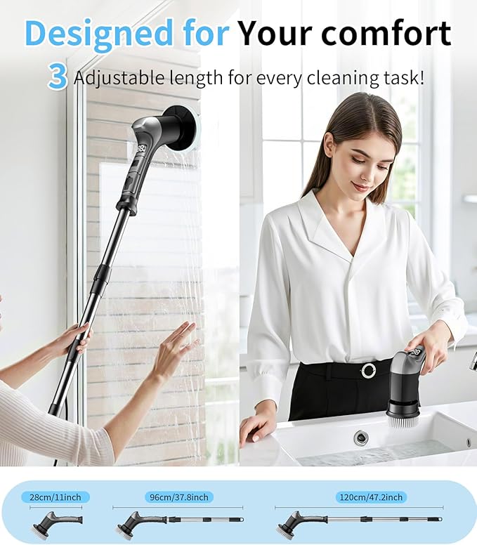 Electric Spin Scrubber with 3 Speed, Adjustable Extension Handle, 8 Brush Heads,Cordless Power Cleaning Brush for Bathroom, Tile, Kitchen-Grey