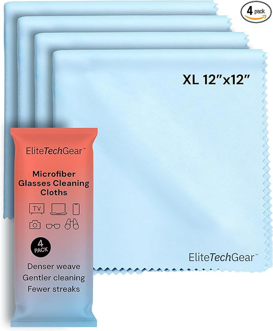 Elite Tech Gear Large Eye Glass Clean Cloths (4-Pack) 12" x 12" - Streak-Free, Oversized Microfiber Cleaning Cloths for Glasses, Camera Lenses, Tablets and TVs (Blue)