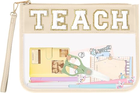 Teacher Appreciation Gifts TEACH Chenille Letter Clear Makeup Bag Pouch, Monogram PVC Clear Zipper Pouch with Wristlet T