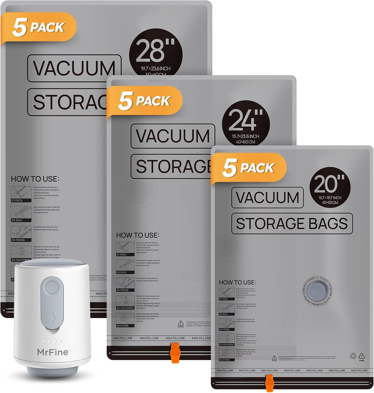 Leak-Resistant Vacuum Storage Bags, with Pump and Bags 15Pcs