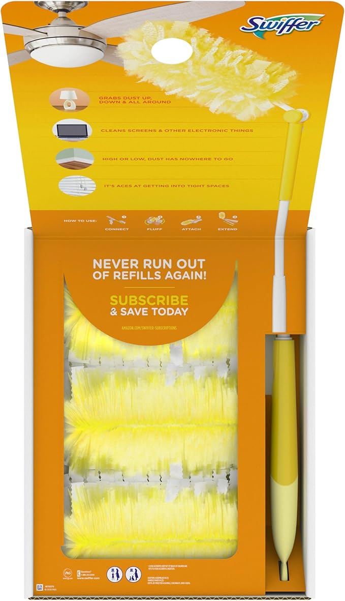 Swiffer Duster Kit with 3 ft Extendable Handle, Dusters for Cleaning, Set Includes 1 Extension Pole and 12 Heavy Duty Dusting Refills Dust Cleaner, Long Extended Wand for Ceiling Fans and Walls