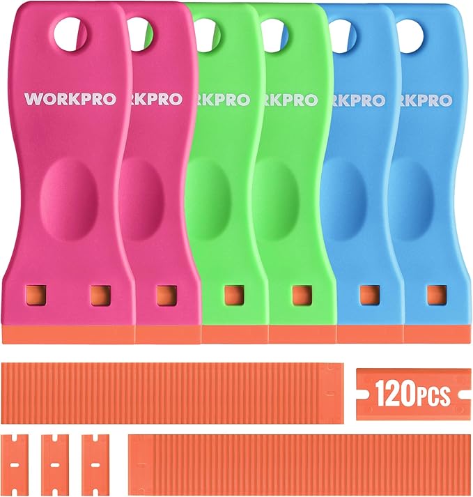WORKPRO 6-Piece Plastic Razor Blade Scraper with 120 Pcs Plastic Razor Blades, for Gasket Remover, Labels Decal and Adhesive Remover for Windows and Glass