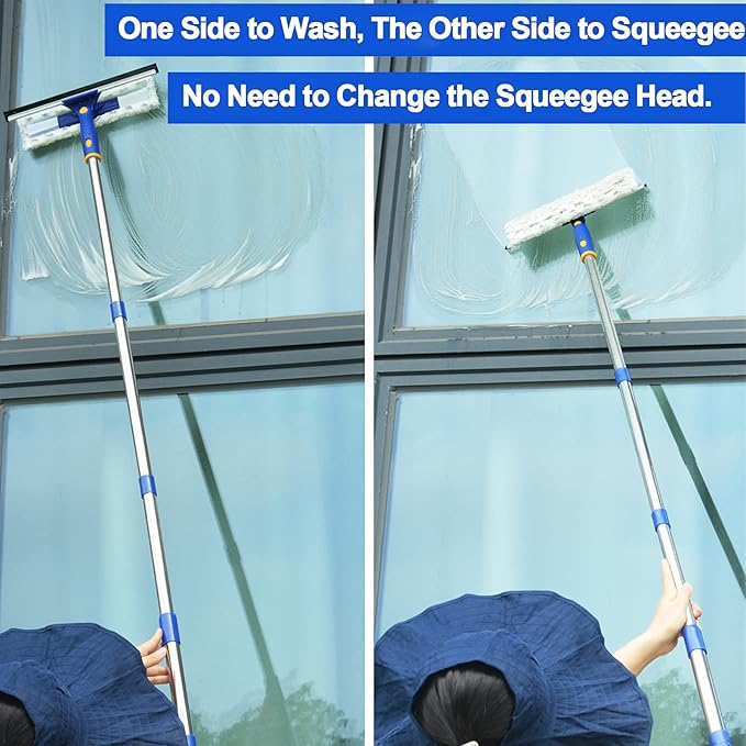60" Window Squeegee Cleaner 2 in 1 Window Cleaning Tool Kit Window Washing Kit with Extension Pole for Shower Glass, Indoor/Outdoor High Window Cleaning-Two Pads