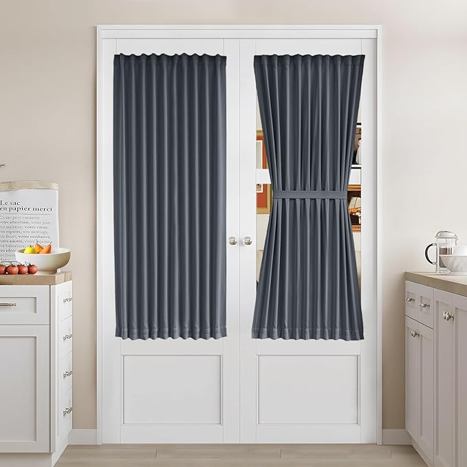 Vatge Privacy Blackout French Door Curtains - Thermal Insulated Door Curtain for Door Window, 1 Panel, W36 x L54, Grey
