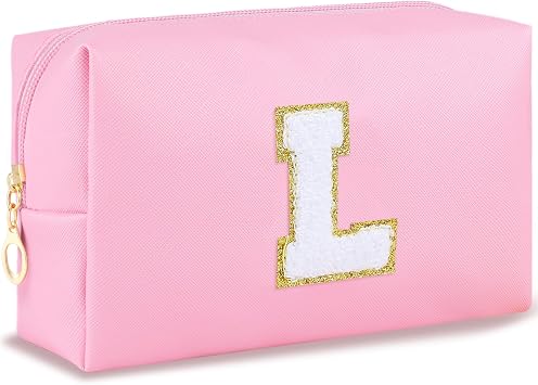URSKYTOUS Initial Makeup Bag for Women Travel Small PU Leather Cosmetic Bag Cute Pink Personalized Preppy Chenille Lette