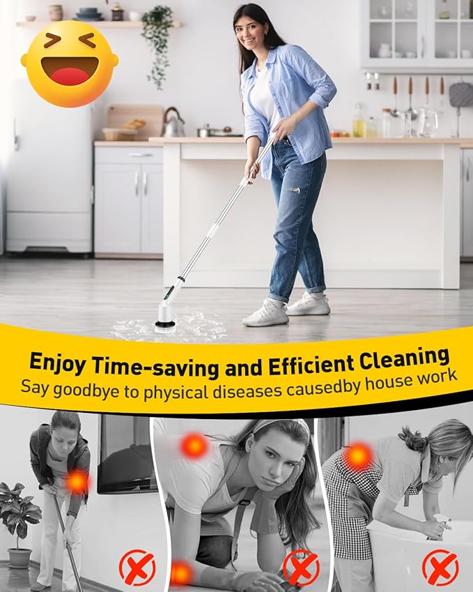 Shower Scrubber with Long Handle, Electric Spin Scrubber for Cleaning Bathroom, Cordless Cleaning Brush with IPX7 Waterproof & 2 Speed, Cleaning Supplies for Shower Tub Kitchen Tile Toilet