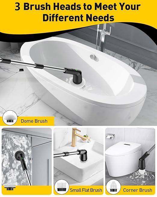 Electric Spin Scrubber for Cleaning Bathroom, Shower Scrubber Rotary Floor Brushes with IPX7 Waterproof & 2 Speed, 3 Brush Heads, Bathroom Cleaning Supplies for Toilet Shower Tub Black