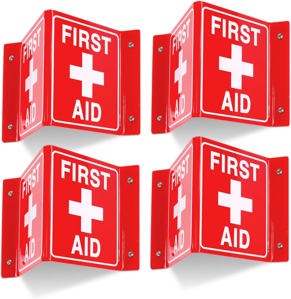 First Aid Sign, First Aid with Cross Symbol - 4 Pack - 8 x 6 Inches Acrylic, 4 pre-drilled holes, Includes Matching Screws, Use for Office/Business