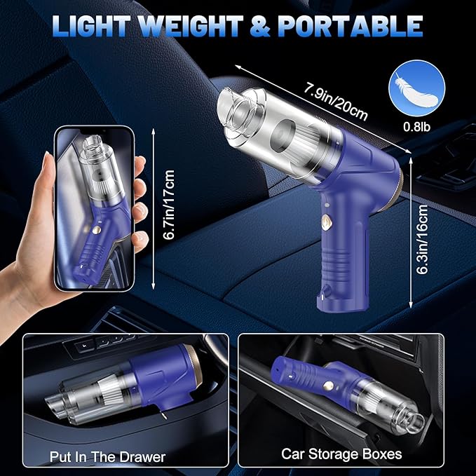 Handheld Cordless Car Vacuum Cleaner 16000Pa 4-in-1 Portable Vacuum & Air Duster with LED Light 120W High Power - Multi Nozzles for Pet Hair, Home, Office, Car - Rechargeable and Dual Filters