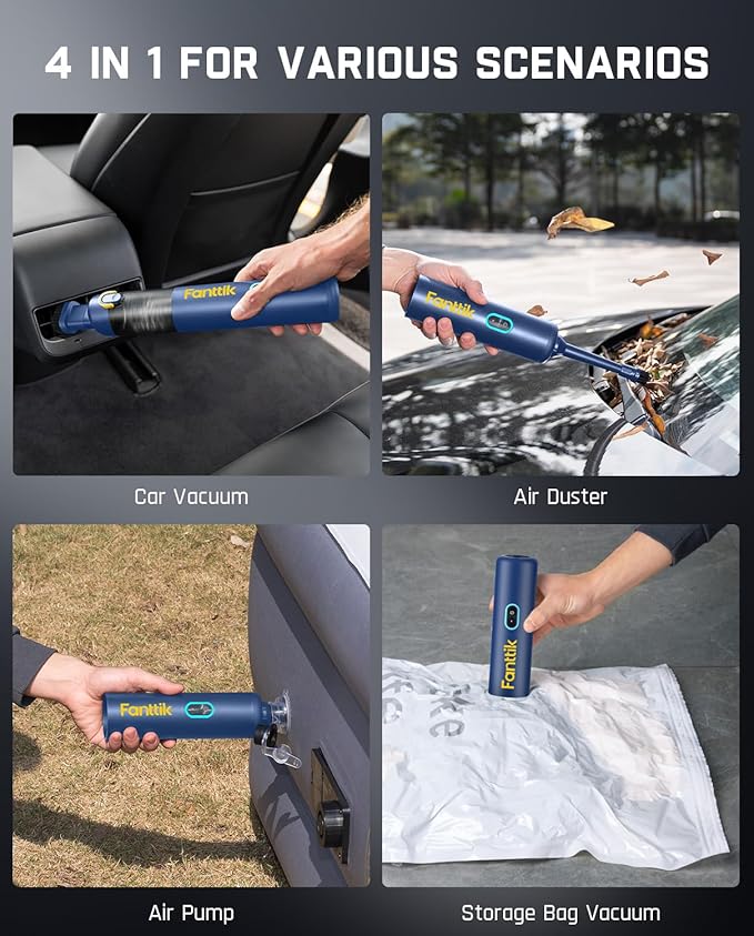 Fanttik Slim V8 APEX Car Vacuum, 4-in-1 Portable Mini Cordless Vacuum with 19000pa Suction Power, Type-C Charge, 2 Suction Modes, Handheld Vacuum for Small Jobs, Car, Office Desk, Keyboards (Blue)