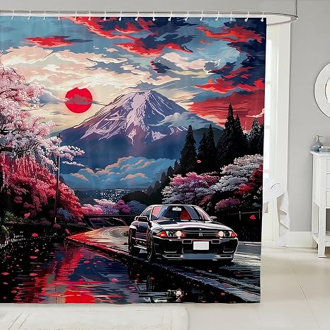 Manfei Racing Car Kids Shower Curtains,Cherry Blossom Japanese Ukiyo-e Retro Bathroom Curtains for Girls Women,Extreme S