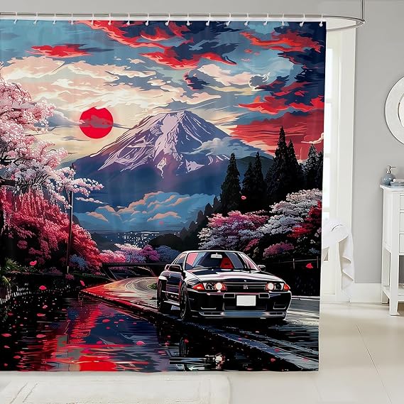Manfei Racing Car Kids Shower Curtains,Cherry Blossom Japanese Ukiyo-e Retro Bathroom Curtains for Girls Women,Extreme S
