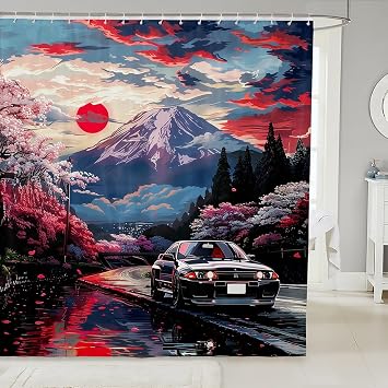 Manfei Racing Car Kids Shower Curtains,Cherry Blossom Japanese Ukiyo-e Retro Bathroom Curtains for Girls Women,Extreme S