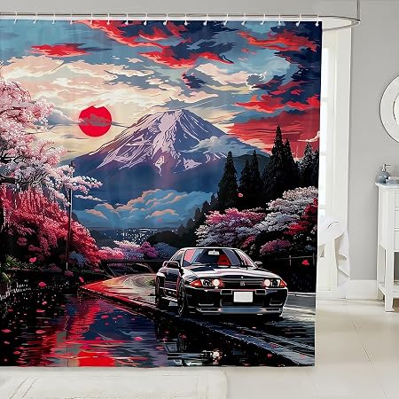 Manfei Racing Car Kids Shower Curtains,Cherry Blossom Japanese Ukiyo-e Retro Bathroom Curtains for Girls Women,Extreme S