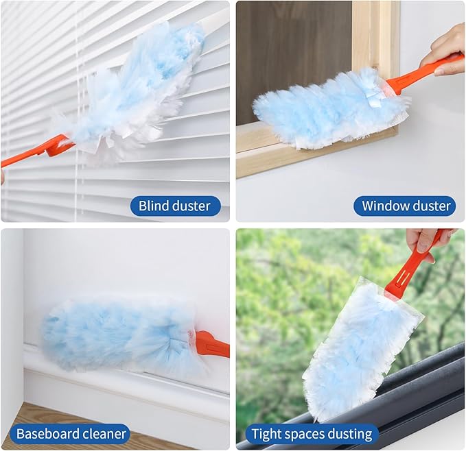 Qaestfy Dusters for Cleaning Dust 20 Count Refills 360 Fluffy Microfiber Hand Duster Kit with 14'' Rotatable Handle Unscented Cloths Pad for Multi-Surface Dusting (1 Handle + 20 Count)