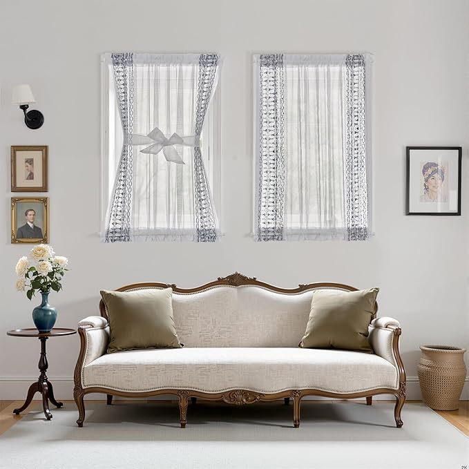 jinchan French Door Curtain Privacy Boho Embroidered Semi Sheer Voile Front Curtain for Window Doorway Closet, Door Panel with Tieback Rod Pocket 1 Panel (Blue on White, 55W x 40L Inch)