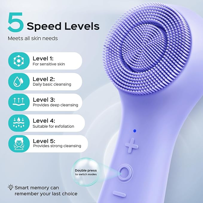 COSLUS Face Scrubber Facial Cleansing Brush: 2 in 1 Spin and Vibration Patented Tech, Silicone Electric Exfoliator Scrubber with Automatic Foaming, Waterproof Face Cleanser Brush for Men (Purple)