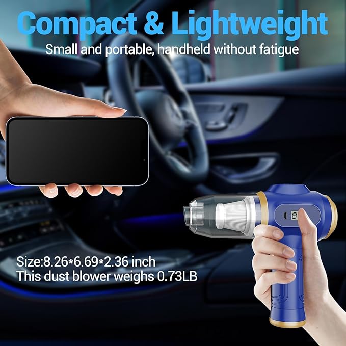 Car Vacuum Portable Cordless 17000Pa Mini Handheld Vacuums Blow and Suction with LCD Display and Multi-Nozzles, High Power for Car, Home, Office, Pet, Compact and Portable Design