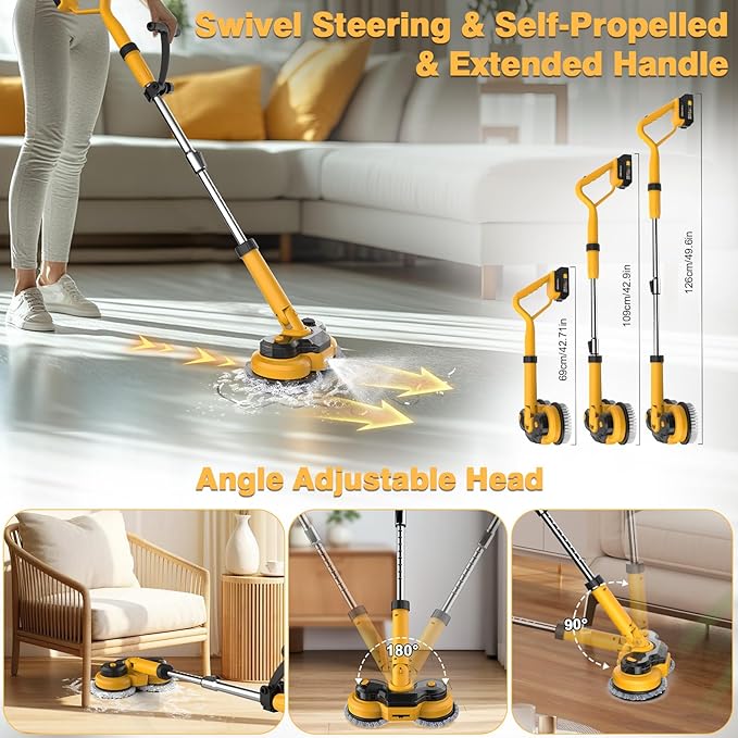 Cordless Electric Mop for Dewalt 20V Battery (NO Battery), 2 in 1 Spin Mop & Electric Floor Scrubber Machine with LED Light & Water Spray, 800 RPM Rotating Electric Mops for Floor (Golden)