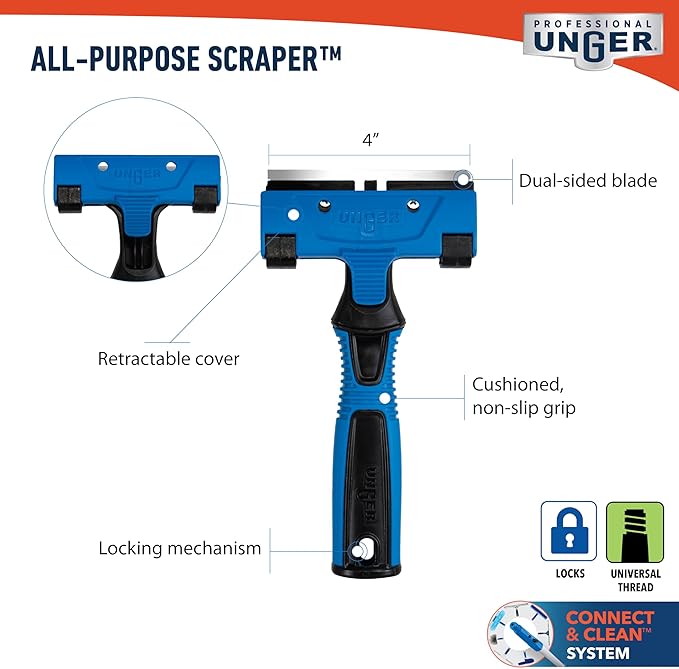Unger Professional Connect and Clean 4" All-Purpose Scraper, Window, Glass, and Floor Scraping Tool Supplies, Adhesive Removal, Gum, Stickers, Paint Removal, Dual-Sided Blade
