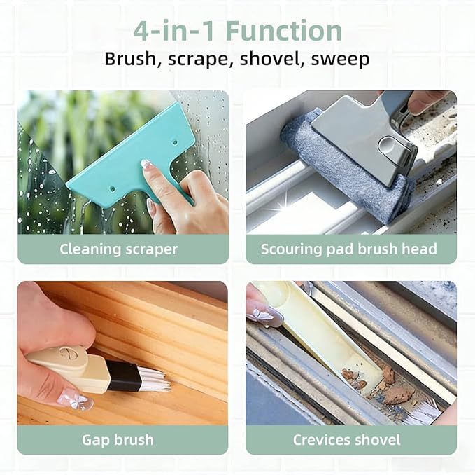 Window Track Cleaner, 4-in-1 Crevice Cleaning Brush (with Bristle Brush, Gap Dustpan, Scraper), Handheld Window Sill Cleaner Tool, Window Track Cleaning Tools for Sliding Door, Home Cleaning (3 Pack)