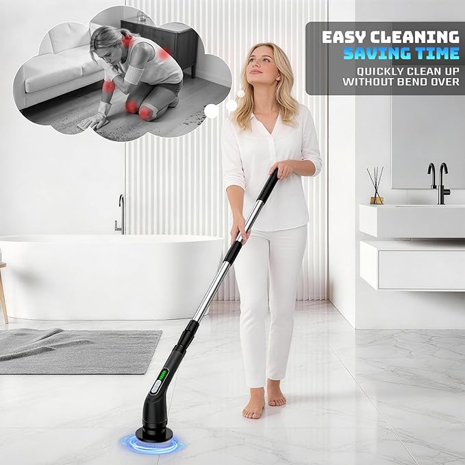 Highyes Electric Spin Scrubber, Powerful 2-Speed Cleaning Brush, IPX7 Waterproof with 7 Reusable Brush Heads & Extendable Handle, for Bathroom Toilet Shower Kitchen Wall Tile Floor Grout (Black)