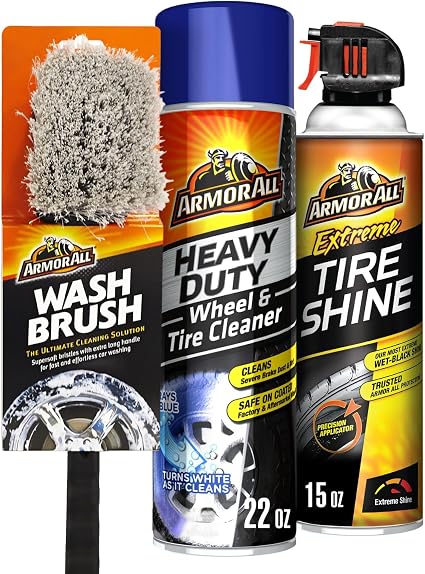 Armor All Wheel and Tire Cleaner and Tire Shine Kit, Heavy Duty Car Wheel Cleaner, Extreme Tire Shine Spray and Wash Bru