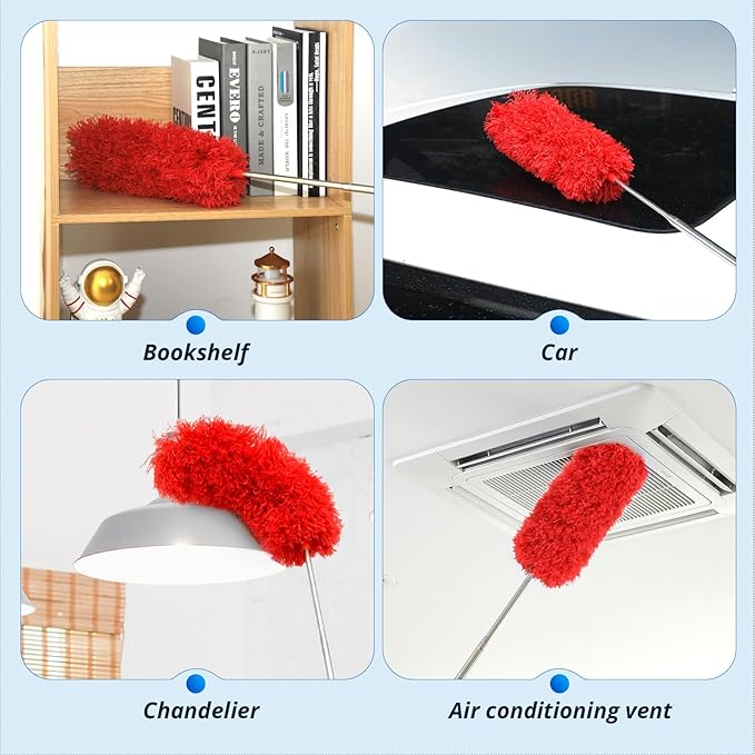 ZZ LAZYCOTTAGE Microfiber Duster with Extension Pole,Washable Bendable Head Ceiling Fan Duster,15-100 inch (Red)