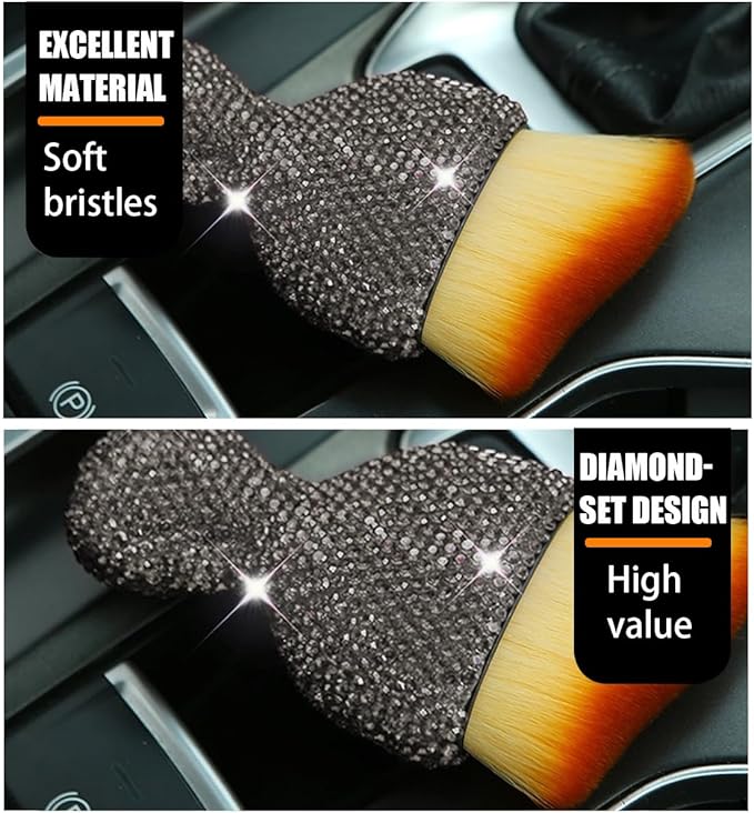 zipelo Auto Interior Dust Brush, Car Detailing Cleaning Brush with Diamond, Bling Handle Soft Bristles Dusting Tool, Scratch Free Dirt Clean Brushes for Vehicle Dashboard, Air Conditioner Vent (Gray)