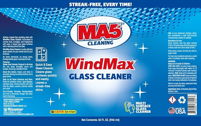 MA5x WindMax Glass Cleaner Spray – Window, Mirror, Shower & Glass Stovetop Cleaner – Streak-Free, Eco-Friendly, Pack of 1, 32oz Bottle