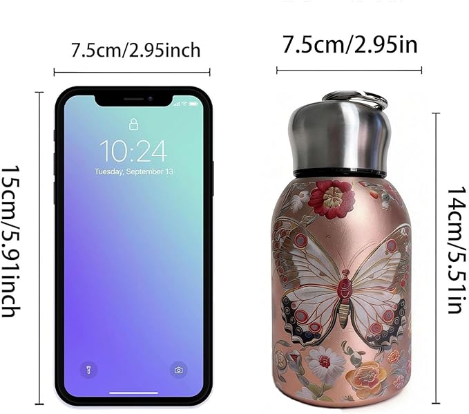 Mini Stainless Steel Thermal Bottle Small Vacuum Insulated Water Bottle, Portable Leakproof Sport Tumbler Cup Hot and Cold Travel Mug (Butterfly)