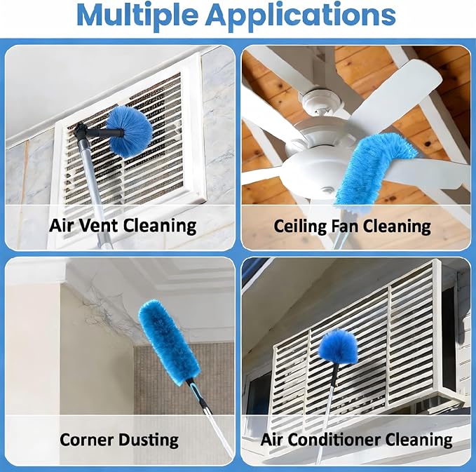 25ft High Ceiling Duster Kits with 5-18ft Heavy Duty Extension Pole - Fan Blade Cleaner, Cobweb Remover & Blue Window Squeegee Kit, Washable Dust Brush for High Roof and Glass Surfaces