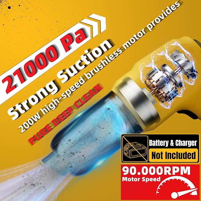 3 in 1 Handheld Car Vacuum Compatible with 20V Battery with 21000pa Strong Suction, Handheld Vacuum Cordless & Blower with 200W Brushless Motor, Mini Vacuum Cleaner for Car, Home (No Battery)