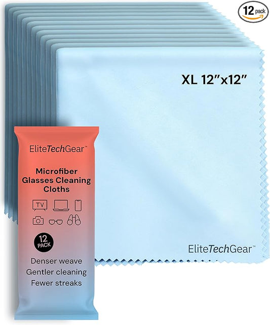 Elite Tech Gear Large Microfiber Cleaning Cloth (12-Pack) 12" x 12" - Glasses Cleaning Cloth for TV Screens, Camera Lenses and Tablets (Blue)