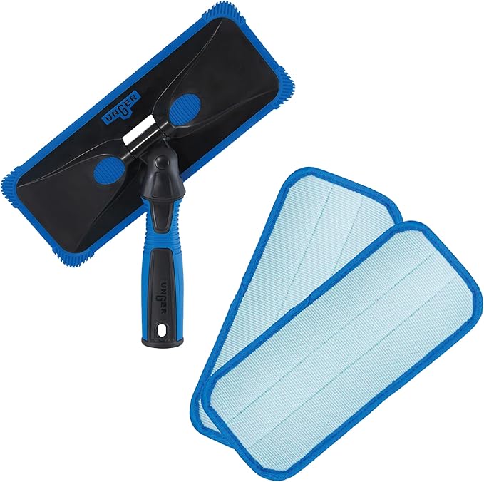 Unger ProClean Connect and Clean Indoor Window Cleaning Kit, Washing Tool with Swivel Head for Tight Corners and Edges, Streak-Free Results on Glass and Mirrors, Reusable Microfiber Pads