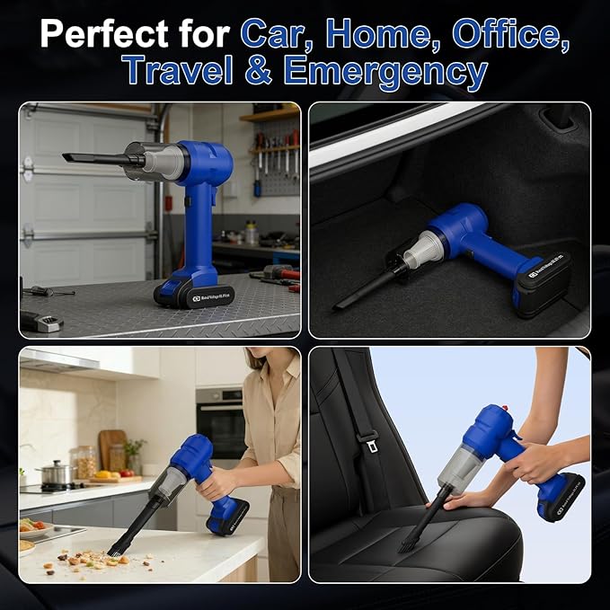 Vinid Handheld Car Vacuum Cleaner, 12000Pa Cordless Wet/Dry Vacuum & Air Blower, with Safety Hammer & Seatbelt Cutter, 80W 6000mAh Battery, HEPA Filter, Type-C Charging for Car Home Emergency, Blue