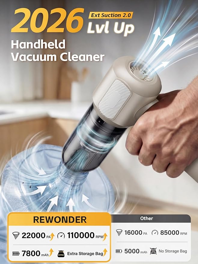 REWONDER Car Vacuum Cleaner High Power, 22000Pa Vacuum Cleaner & 110000RPM Air Duster, Handheld Vacuum with 7800mAh Battery, Storage Bag & Multi-Nozzles for Car, Home, Office
