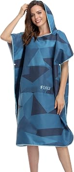 Beach Changing Towel Surf Poncho Robe Hooded Wetsuit Adjustable Sleeves Surfing Swimming Bathing (NavyGeometry, Large - 