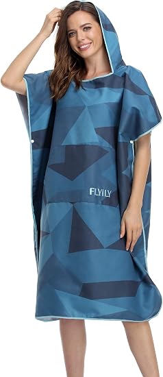 Beach Changing Towel Surf Poncho Robe Hooded Wetsuit Adjustable Sleeves Surfing Swimming Bathing (NavyGeometry, Large - 