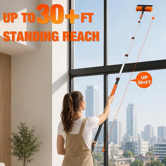LAANPOLE 36FT Window Squeegee with Extension Pole, 2-in-1 Squeegee for Window Cleaning, Professional Cleaning Kit for Home with 30FT Telescoping Pole for Outdoor Indoor Use