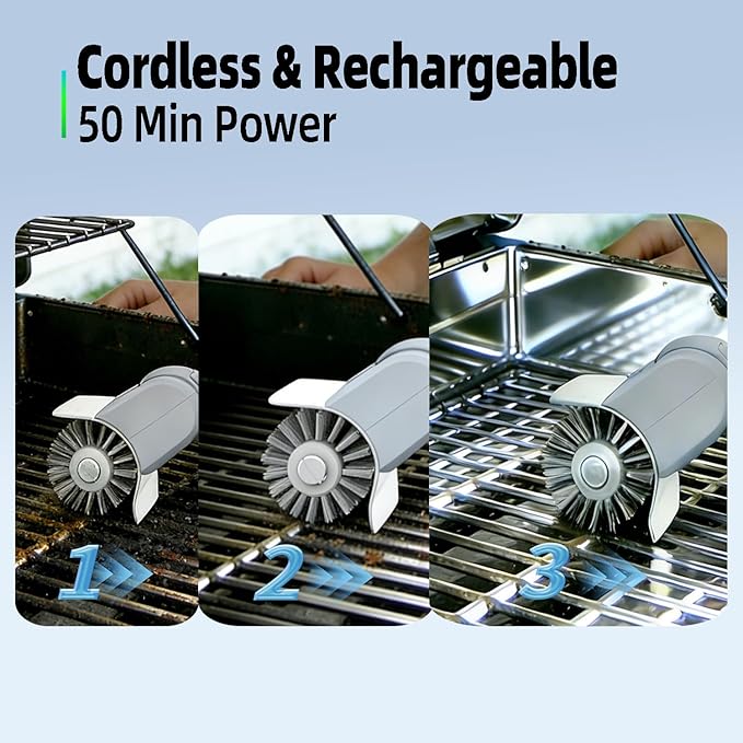 Electric Grill Brush and Cleaner - Cordless Rechargeable BBQ Cleaning Tool with Stainless Steel Removable Head, Dishwasher Safe, USB-C 4000mAh Battery for Grill Grates(Grey)