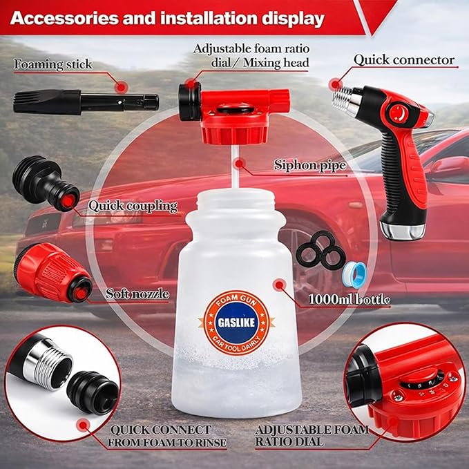 56Pcs Car Wash Cleaning Kit with Foam Gun, Car Wash Brush with Long Handle, Car Detailing Kit, Car Wheel Brush for Car Cleaning Supplies, Adjustable Hose Wash Sprayer-Quick Connector to Any Hose
