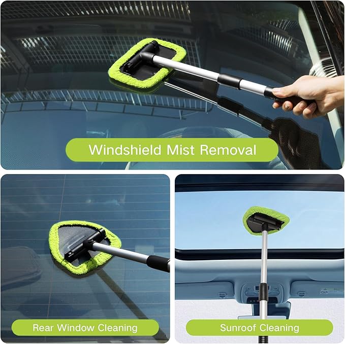 Qydipclin 7pcs Windshield Cleaner Tool Car Window Cleaning Wash Kit with 4 Reusable Microfiber Pads 1 Spray Bottle and Extendable Handle Auto Glass Wiper Kit, Green