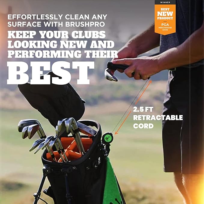Frogger BrushPro Golf Club Cleaner with Ergonomic Grip and 2.5 ft. Retractable Cord - Sturdy Golf Club Brush and Groove Cleaner for Golfers