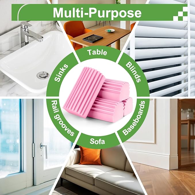 Jeymei 4-Pack Damp Clean Duster Sponge,Pink Damp Dusting Sponge,Duster Baseboard Cleaner Sponge with Ridges,Reusable Wet Duster Sponge,Household Cleaning Sponges for Blinds,Window Track Grooves