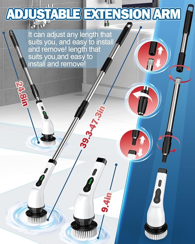 Electric Spin Scrubber, IPX7 Waterproof Cordless Cleaning Brush with 8 Replaceable Heads, Dual Speed & USB-C Charging, Retractable Handle Power Scrubber for Bathtub, Tile, Bathroom