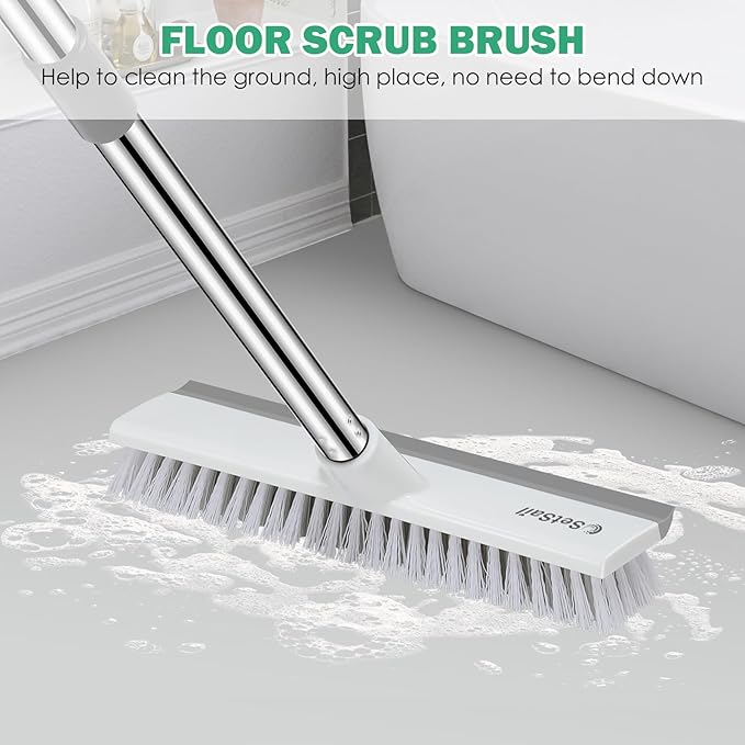 SetSail Upgraded Large 12 in Wide Floor Scrub Brush with 51-Inch Long Adjustable Handle 2 in 1 Scrape Brush Stiff Bristle Floor Scrubber for Cleaning Shower Bathroom Garage Kitchen Wall Deck Tub Tile