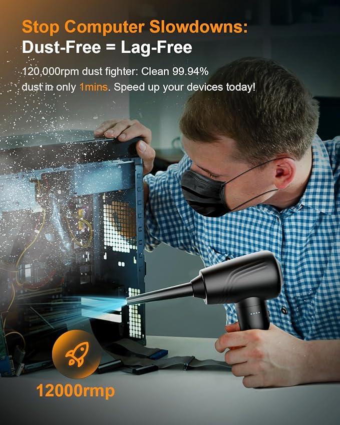 11-in-1 Compressed Air Duster 3-Speed Adjustable 120000 RPM with LED Light, Reusable no Canned Keyboard Cleaner for Office, 9000mAh Cordless Air Duster for Computer/Car/Home (Black)