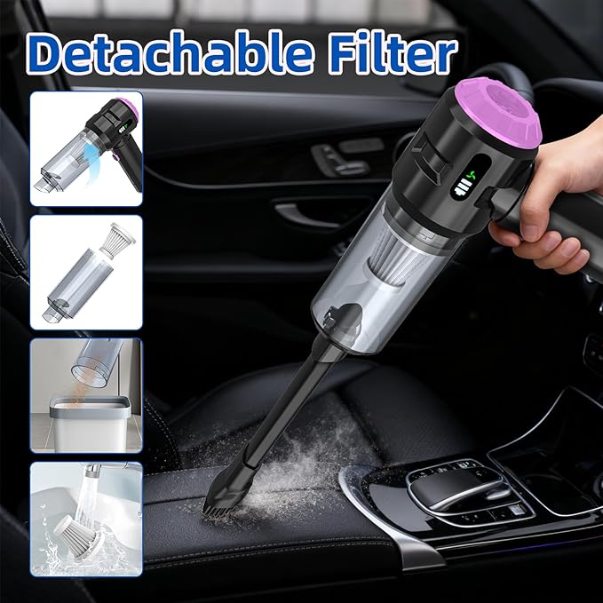 Sycoodeal Handheld Car Vacuum Cleaner, 25000PA Strong Cyclonic Suction Portable Mini Vacuum Cordless with Digital Display Lightweight Handheld for Pet Hair, Car, Home, Office, Kitchen (Purple)